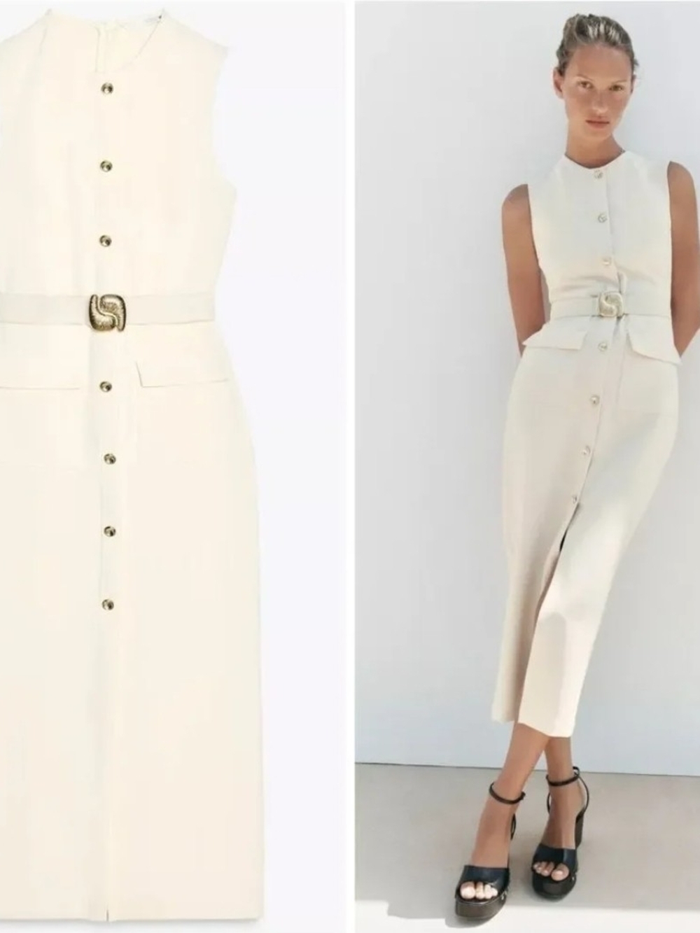Zara Cream Sleeveless Button-Front Belted Midi Dress